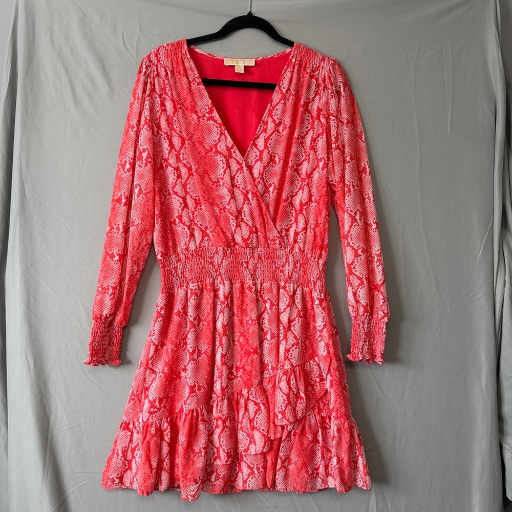 Michael Michael Kors Womens Snake Print Mini Dress Size L Coral Ruffles MK Date